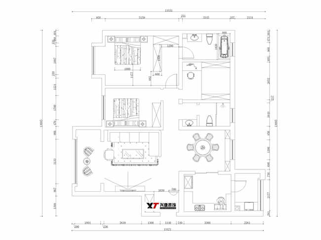 金域灣畔135m2三居簡美風(fēng)格平面布置圖