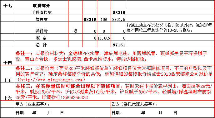 管理(lǐ)費-2018年(nián)西安興唐裝飾300平米半包裝修報價表