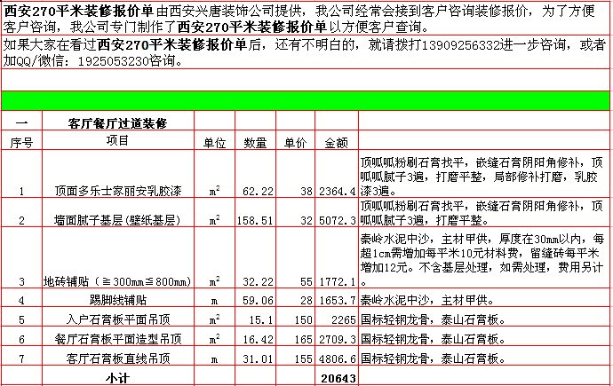 客廳餐廳入戶裝修報價-2018年(nián)西安興唐裝飾270平米半包裝修報價