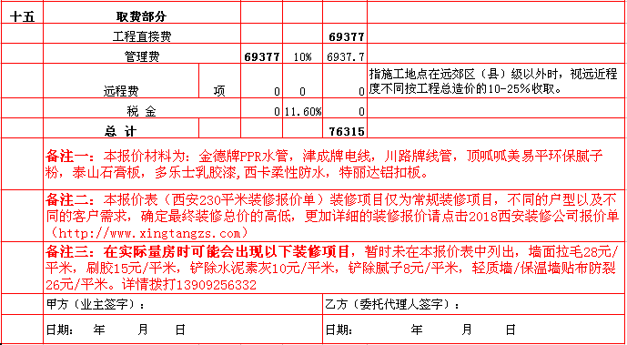 裝修管理(lǐ)費-2018年(nián)西安興唐裝飾230平米半包裝修報價