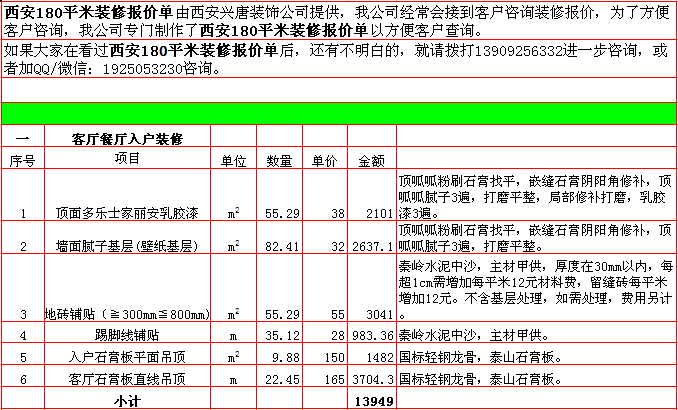 客廳餐廳入戶裝修報價表-2018年(nián)西安興唐裝飾180平米半包裝修報價表