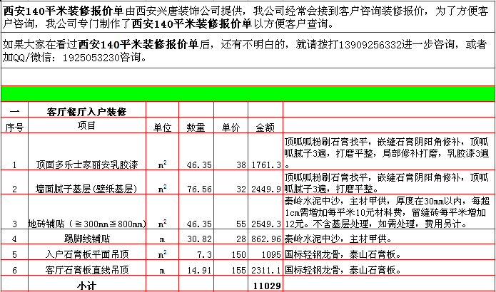 客廳餐廳入戶裝修報價表-2018年(nián)西安興唐裝飾140平米半包裝修報價表