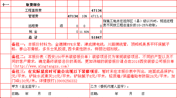 管理(lǐ)費-2018年(nián)西安興唐裝飾150平米半包裝修報價表