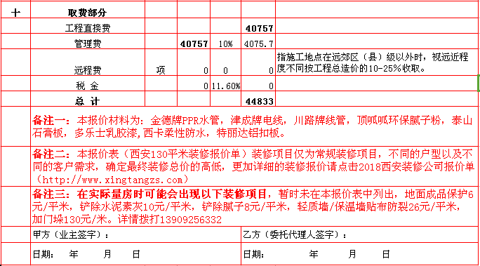 管理(lǐ)費-2018年(nián)西安興唐裝飾130平米半包裝修報價表