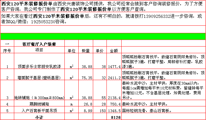 客廳餐廳入戶裝修報價表-2018年(nián)西安興唐裝飾120平米半包裝修報價表