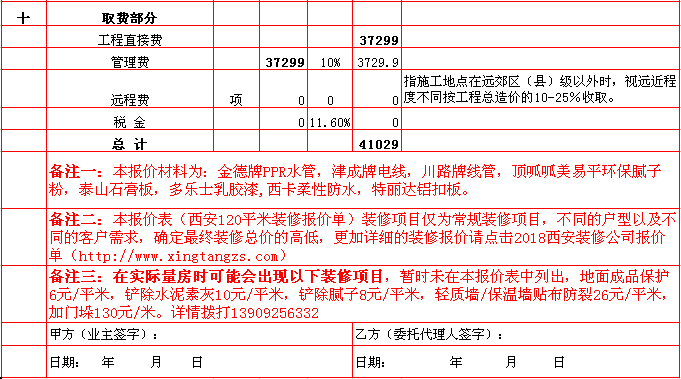 管理(lǐ)費-2018年(nián)西安興唐裝飾120平米半包裝修報價表