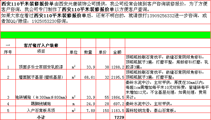 客廳餐廳入戶裝修報價表-2018年(nián)西安興唐裝飾110平米半包裝修報價表