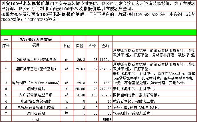 客廳餐廳入戶裝修報價表-2018年(nián)西安興唐裝飾100平米半包裝修報價表