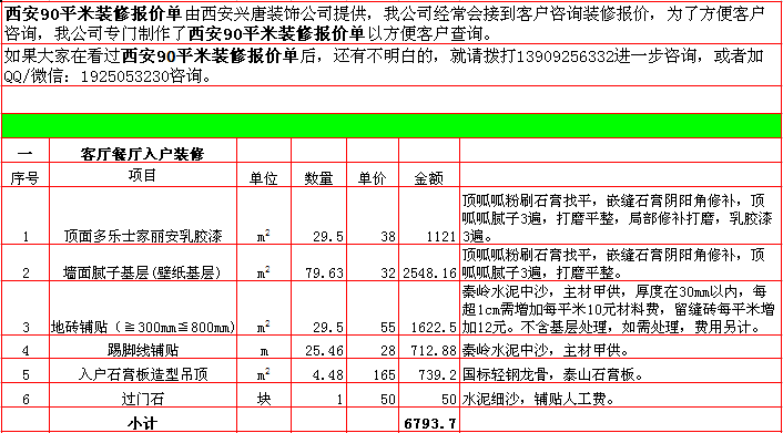 客廳餐廳入戶裝修報價表-2018年(nián)西安興唐裝飾90平米半包裝修報價表