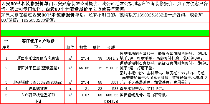 客廳餐廳裝修報價表-2018年(nián)西安興唐裝飾80平米半包裝修報價表