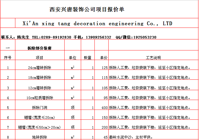 牆體(tǐ)拆除報價表-2018年(nián)西安興唐裝飾半包裝修報價大(dà)全