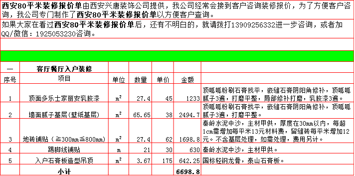 客廳餐廳裝修預算表-2019西安80平米裝修報價表