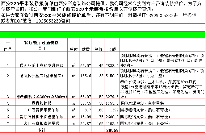 客廳餐廳裝修預算表-2019西安220平米裝修報價表