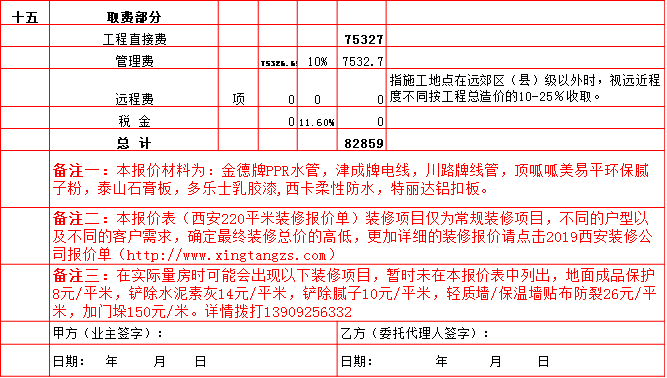 裝修管理(lǐ)費-2019西安220平米裝修報價表