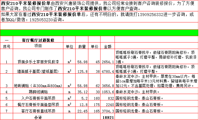 客廳餐廳裝修預算表-2019西安210平米裝修報價表