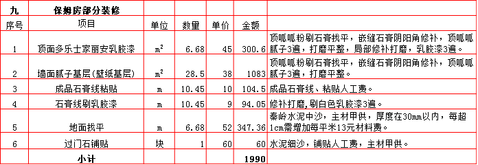 保姆房(fáng)裝修預算表-2019西安200平米裝修報價表