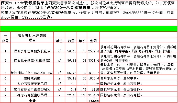 客廳餐廳裝修預算表-2019西安200平米裝修報價表