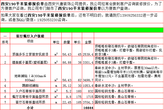 客廳餐廳裝修預算表-2019西安190平米裝修報價表