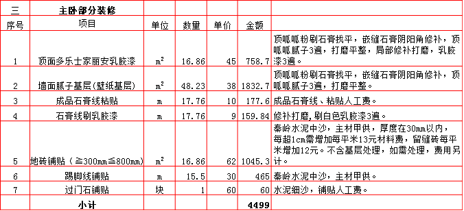 主卧裝修預算表-2019西安180平米裝修報價表