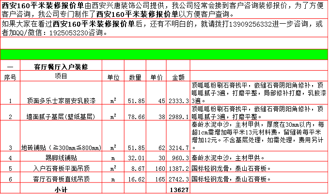 客廳餐廳裝修預算表-2019西安160平米裝修報價表