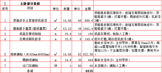 主卧裝修預算表-2019西安160平米裝修報價表