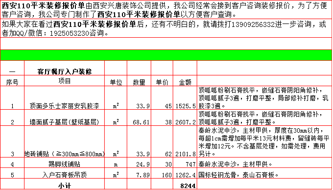 客廳餐廳裝修預算表-2019西安110平米裝修報價表