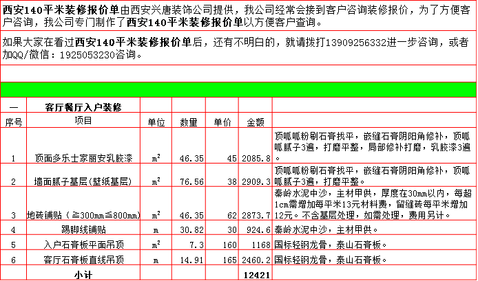 客廳餐廳裝修預算表-2019西安140平米裝修報價表