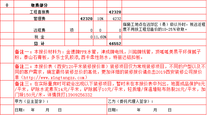 裝修管理(lǐ)費-2019西安120平米裝修報價表