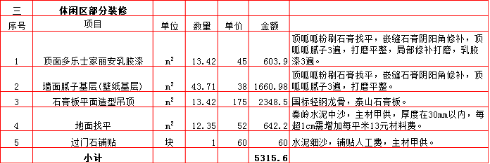 休閑區裝修預算表-2019西安300平米裝修報價表