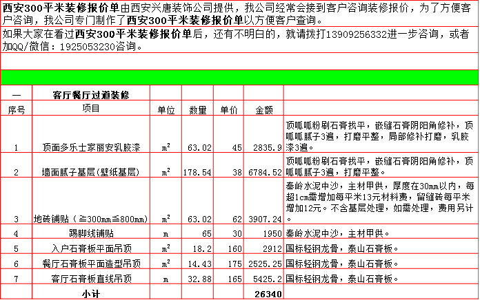 客廳餐廳裝修預算表-2019西安300平米裝修報價表