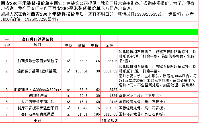 客廳餐廳裝修預算表-2019西安290平米裝修報價表